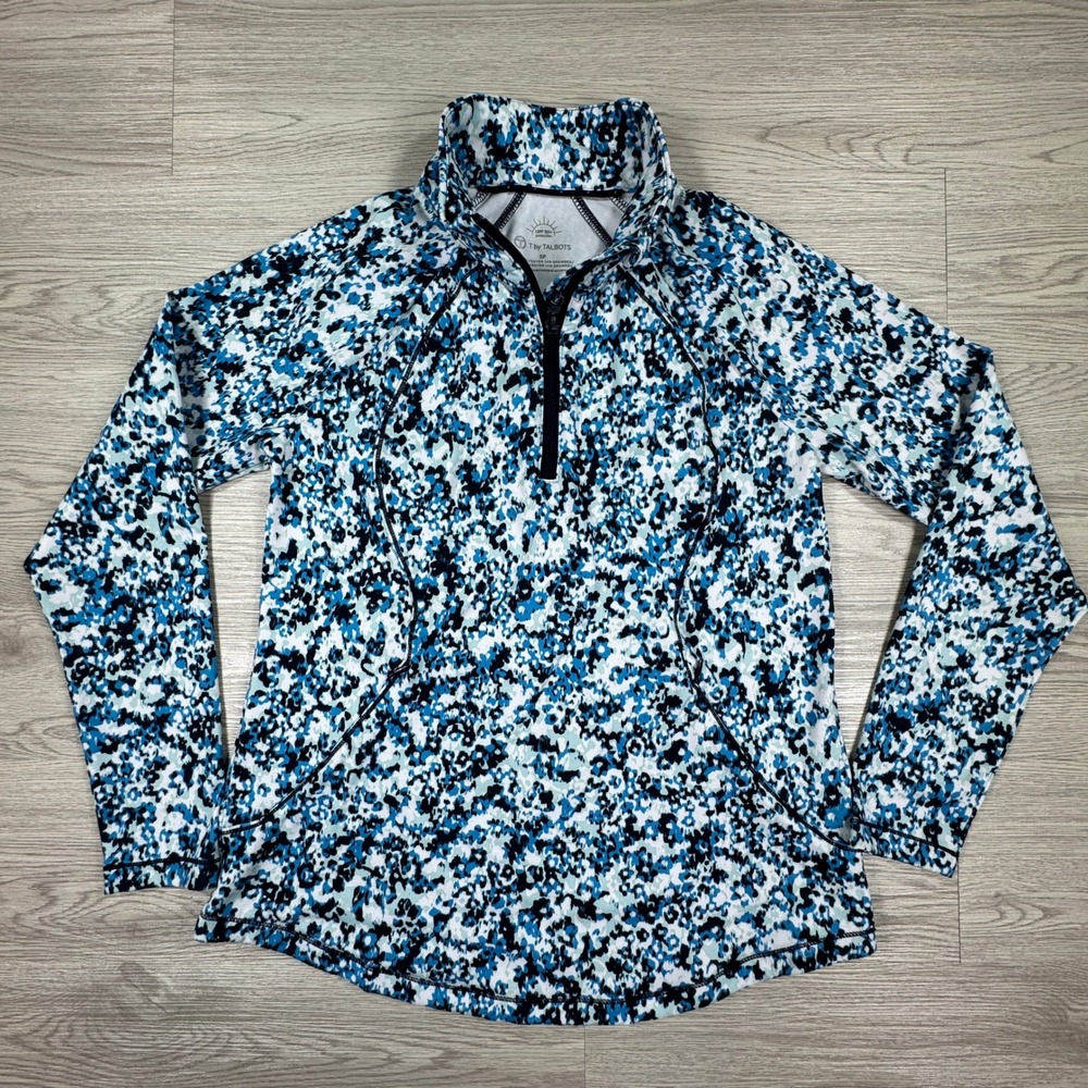 T by Talbots Women's Pullover Quarter Zip Blue Floral UPF 50 Small Petite‎ SP
